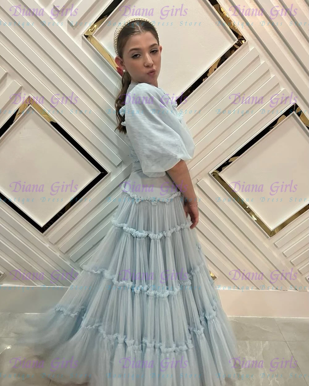 Toddler Girl Tulle Party Dress - Gaun Gadis Bunga Biru Muda Berkualitas